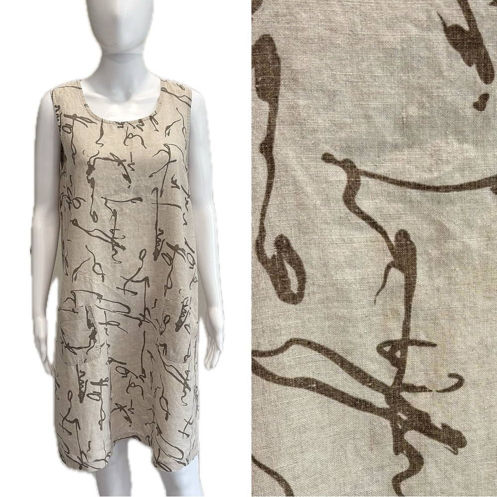 Eva Tralala Linen Asian Printed Sundress Size M, Large Patch Pocket A-Line Dress